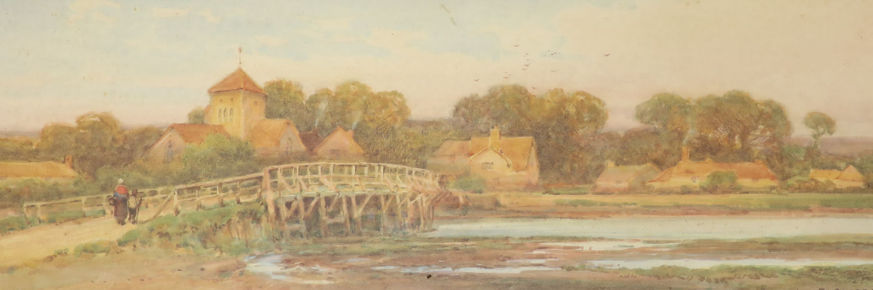 E. Cooper, set of four watercolours, A Sussex Village, Old Shoreham Bridge, September Evening, Ryde and A Sussex Village Evening, signed and dated 1909, 90 x 54cm